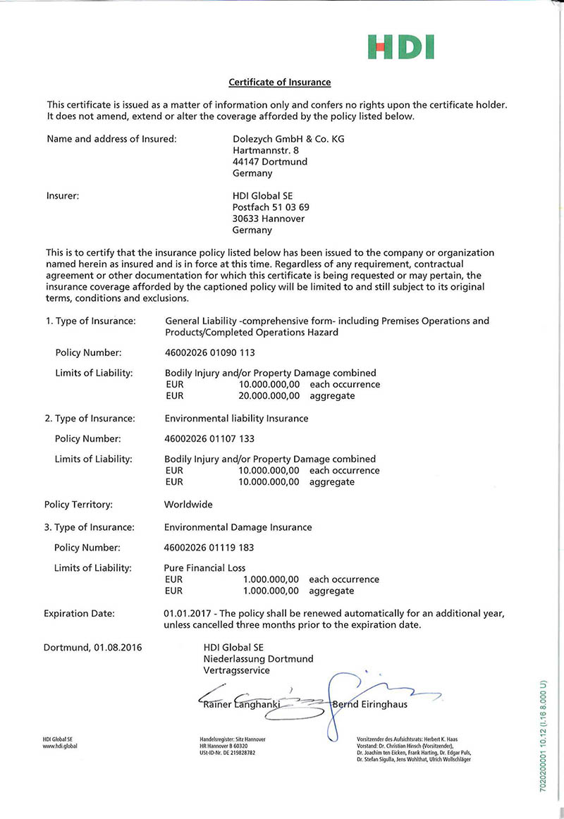 多來勁吊具德國(guó)HDI公司產(chǎn)品責(zé)任險(xiǎn)